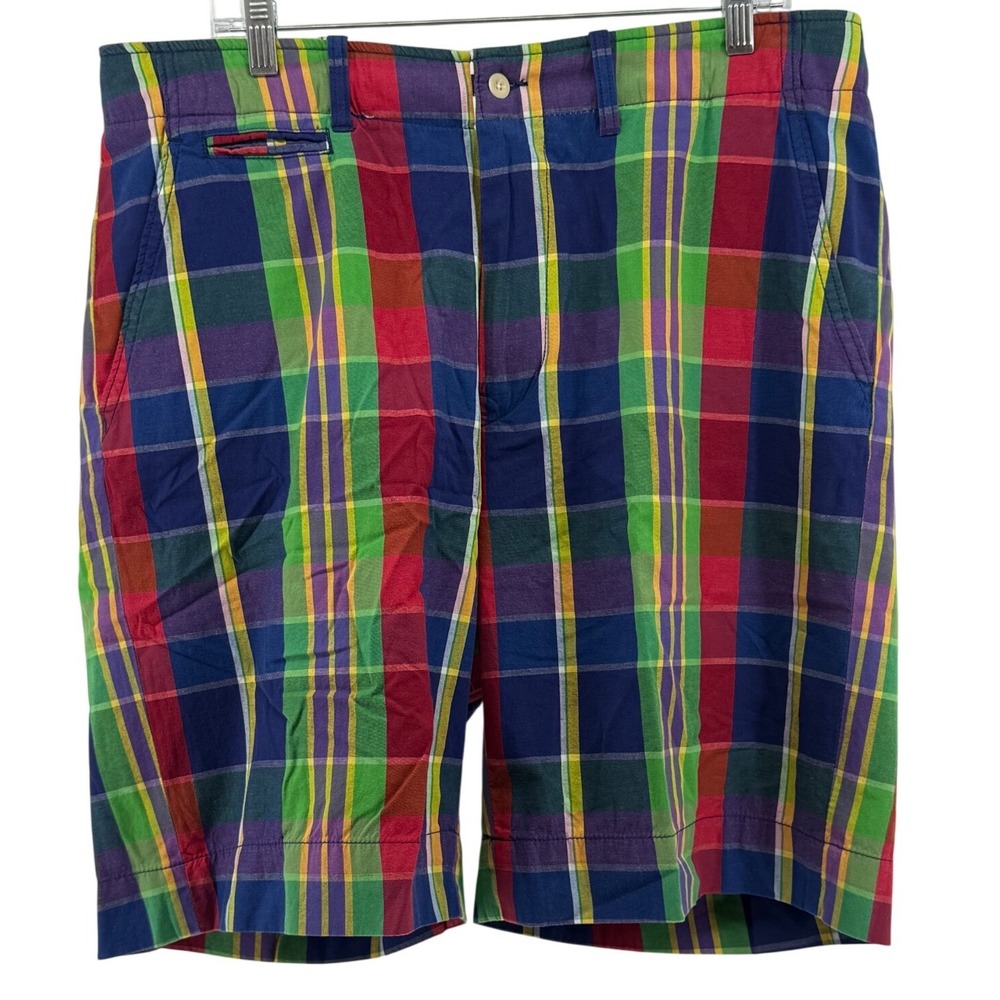 Polo Ralph Lauren Mens Madras Plaid Shorts Multi-Color Cotton Size 36 Flat Front